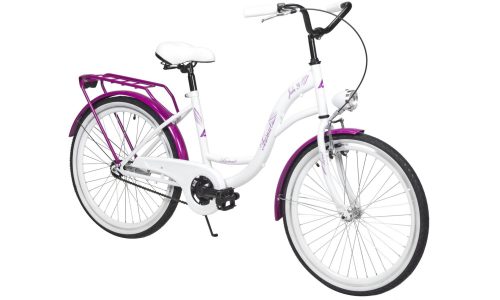 Dviratis AZIMUT Julie 24 colių, baltas su violetiniais akcentais, mergaitiškas miesto dviratis su V-Brake stabdžiais ir kojiniu stabdžiu