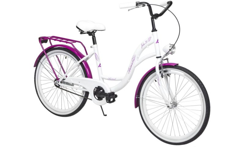 Dviratis AZIMUT Julie 24 colių, baltas su violetiniais akcentais, mergaitiškas miesto dviratis su V-Brake stabdžiais ir kojiniu stabdžiu